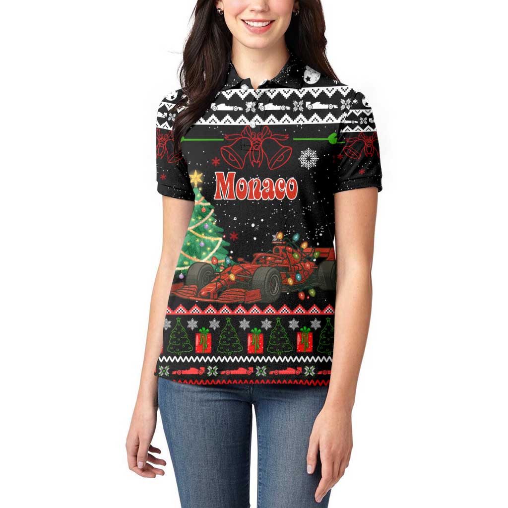 Monaco Christmas Women Polo Shirt with Race Car Christmas Tree and Snowflake Holiday - Wonder Print Shop