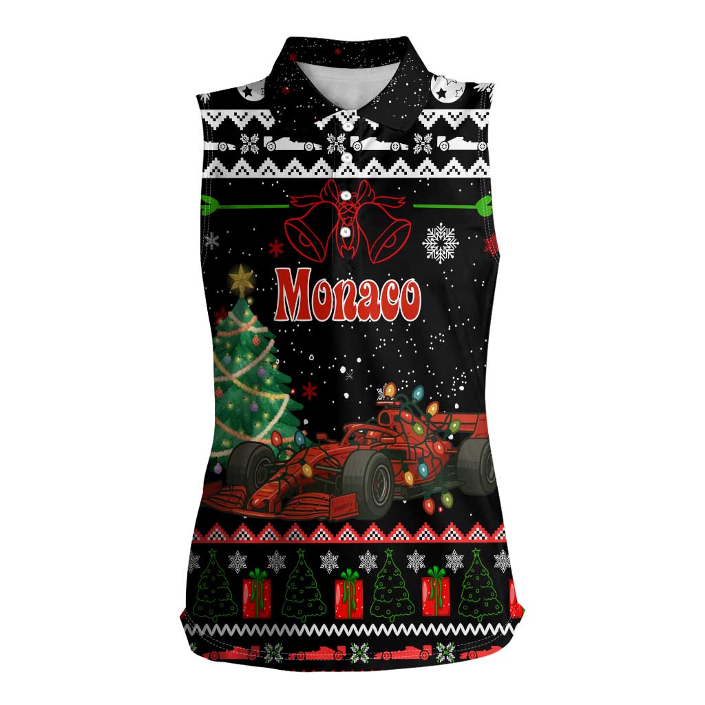 Monaco Christmas Women Sleeveless Polo Shirt with Race Car Christmas Tree and Snowflake Holiday - Wonder Print Shop