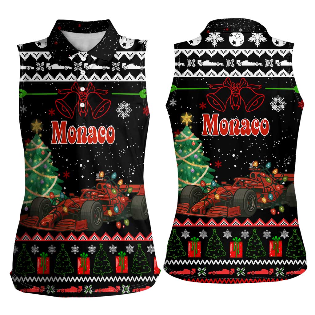 Monaco Christmas Women Sleeveless Polo Shirt with Race Car Christmas Tree and Snowflake Holiday - Wonder Print Shop