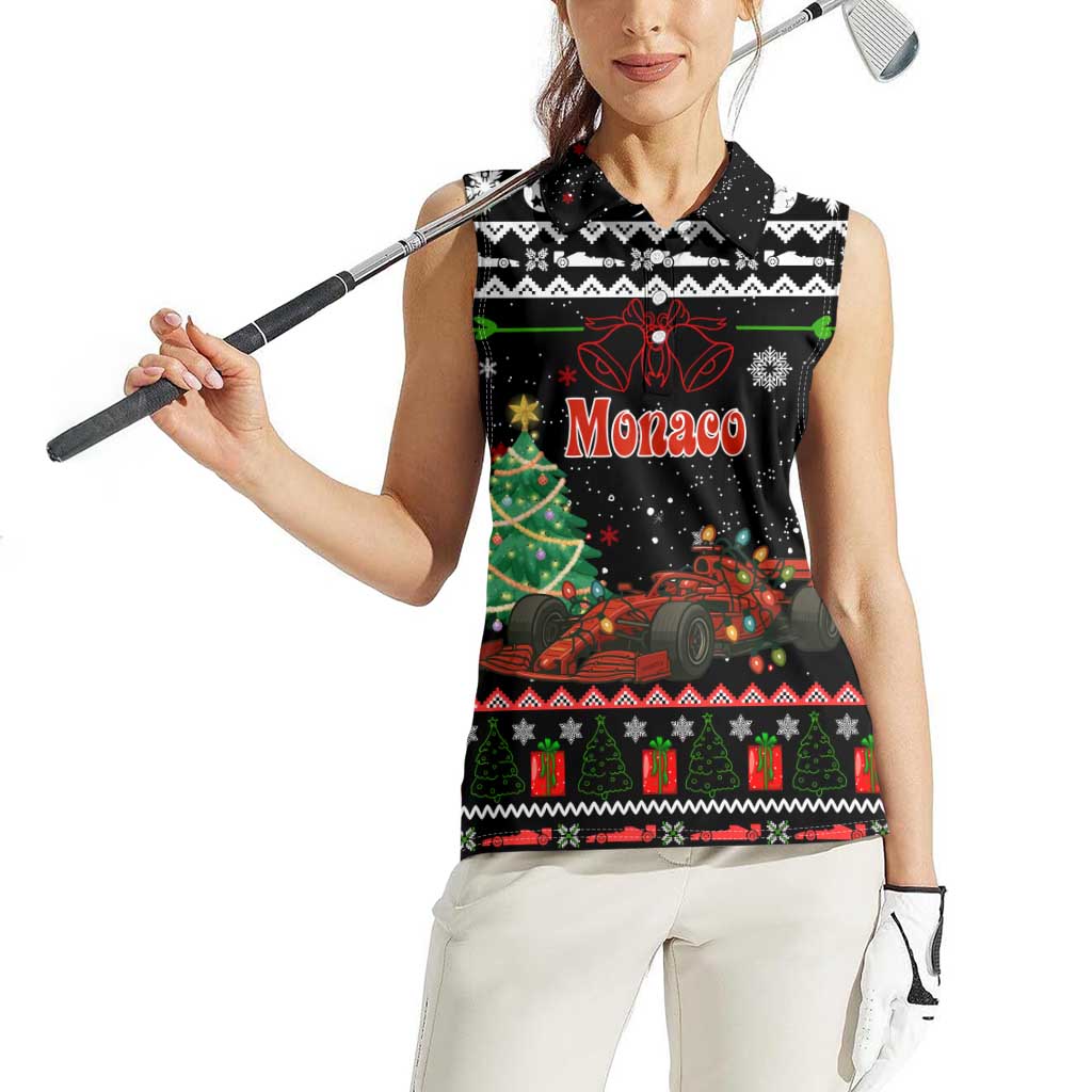 Monaco Christmas Women Sleeveless Polo Shirt with Race Car Christmas Tree and Snowflake Holiday - Wonder Print Shop