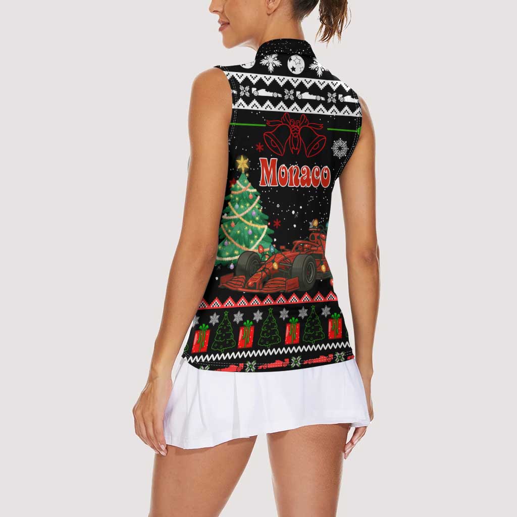Monaco Christmas Women Sleeveless Polo Shirt with Race Car Christmas Tree and Snowflake Holiday - Wonder Print Shop