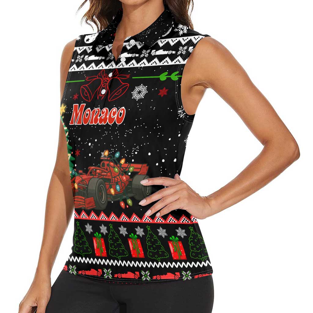 Monaco Christmas Women Sleeveless Polo Shirt with Race Car Christmas Tree and Snowflake Holiday - Wonder Print Shop