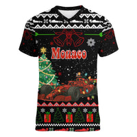 Monaco Christmas Women V-Neck T-Shirt with Race Car Christmas Tree and Snowflake Holiday - Wonder Print Shop