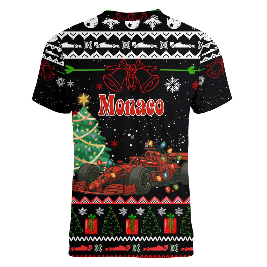 Monaco Christmas Women V-Neck T-Shirt with Race Car Christmas Tree and Snowflake Holiday - Wonder Print Shop