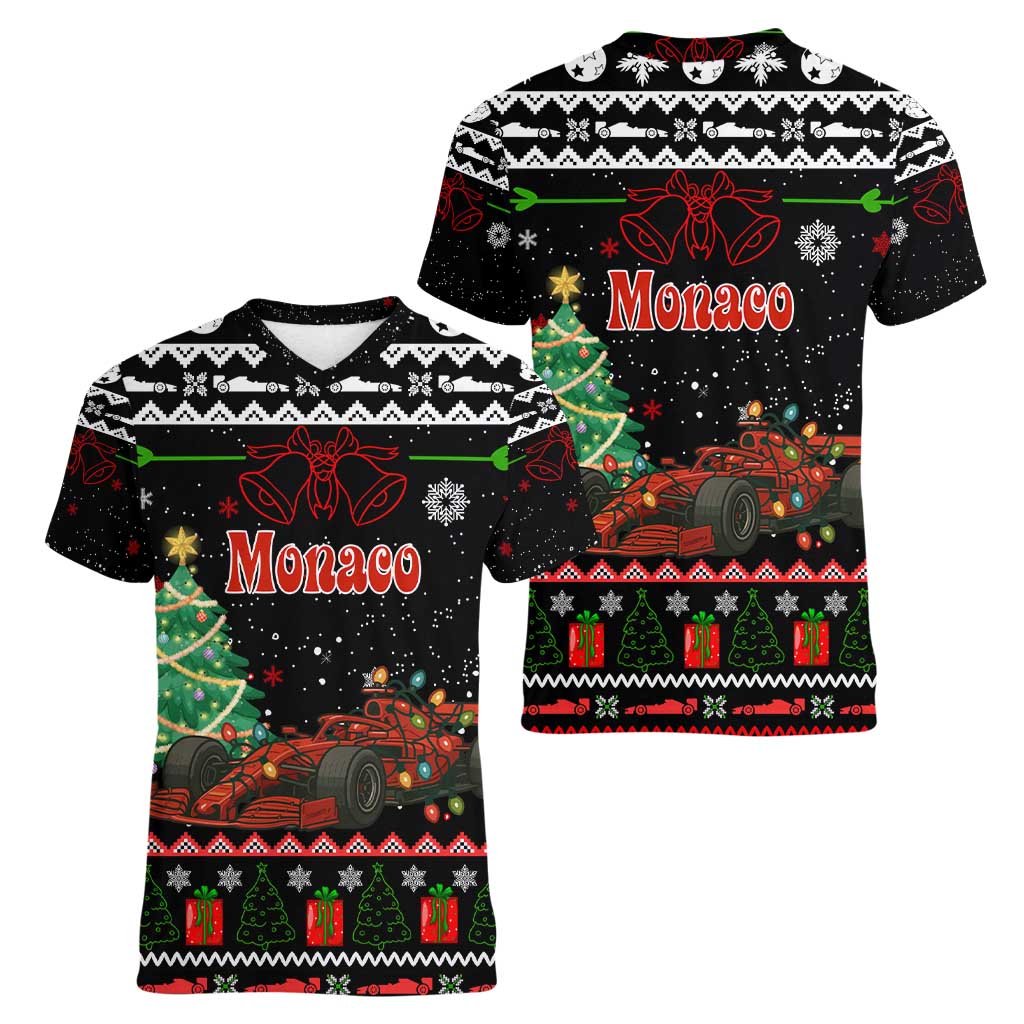 Monaco Christmas Women V-Neck T-Shirt with Race Car Christmas Tree and Snowflake Holiday - Wonder Print Shop