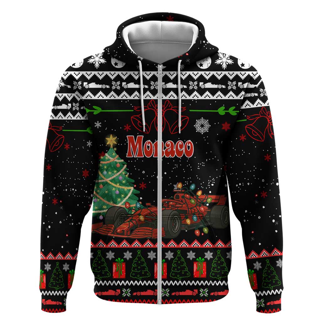 Monaco Christmas Zip Hoodie with Race Car Christmas Tree and Snowflake Holiday - Wonder Print Shop
