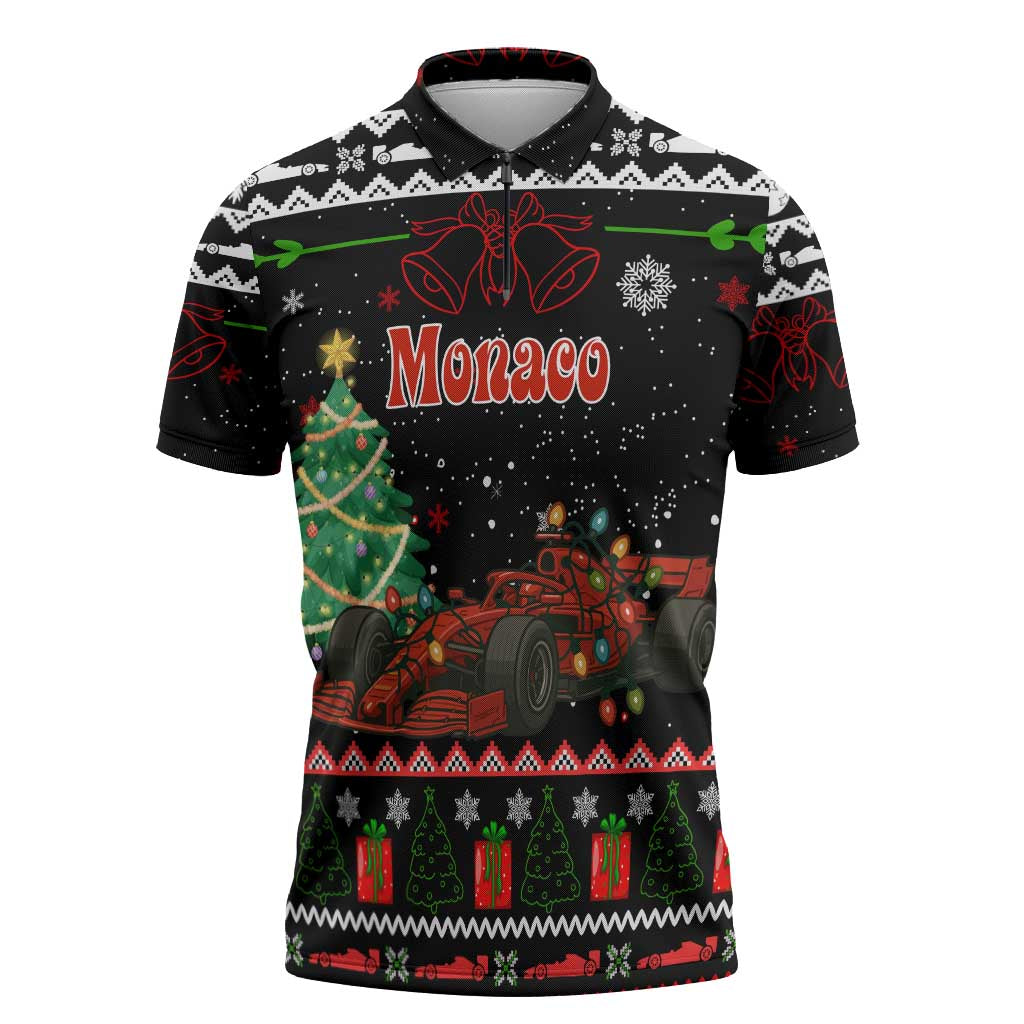 Monaco Christmas Zipper Polo Shirt with Race Car Christmas Tree and Snowflake Holiday - Wonder Print Shop