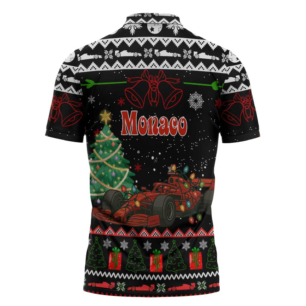 Monaco Christmas Zipper Polo Shirt with Race Car Christmas Tree and Snowflake Holiday - Wonder Print Shop