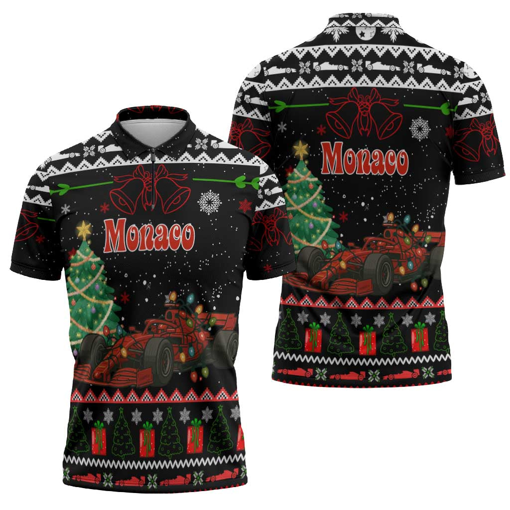 Monaco Christmas Zipper Polo Shirt with Race Car Christmas Tree and Snowflake Holiday - Wonder Print Shop