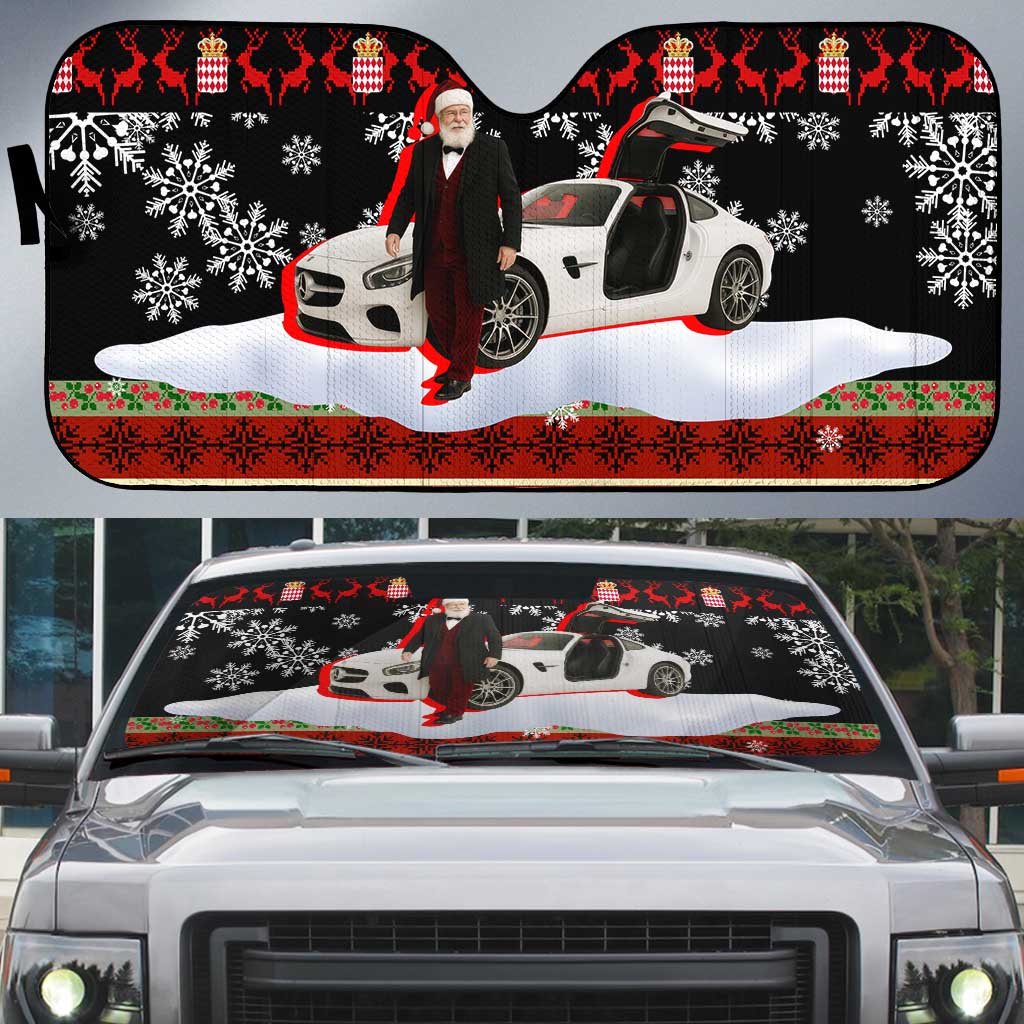 Monaco Christmas Auto Sun Shade with Santa Claus Sports Car Snowflakes and Luxury Holiday - Wonder Print Shop