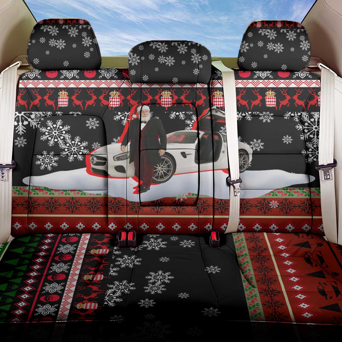 Monaco Christmas Back Car Seat Cover with Santa Claus Sports Car Snowflakes and Luxury Holiday - Wonder Print Shop