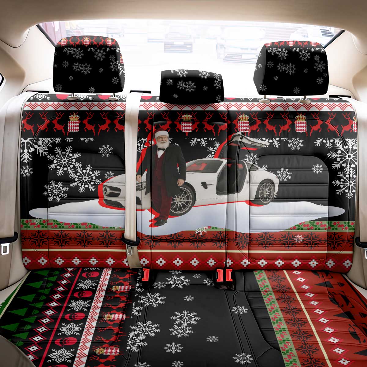 Monaco Christmas Back Car Seat Cover with Santa Claus Sports Car Snowflakes and Luxury Holiday - Wonder Print Shop