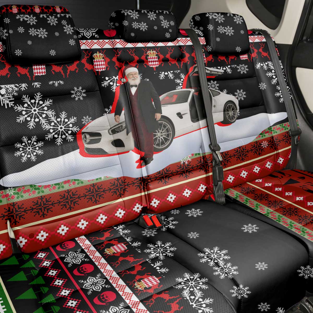 Monaco Christmas Back Car Seat Cover with Santa Claus Sports Car Snowflakes and Luxury Holiday - Wonder Print Shop