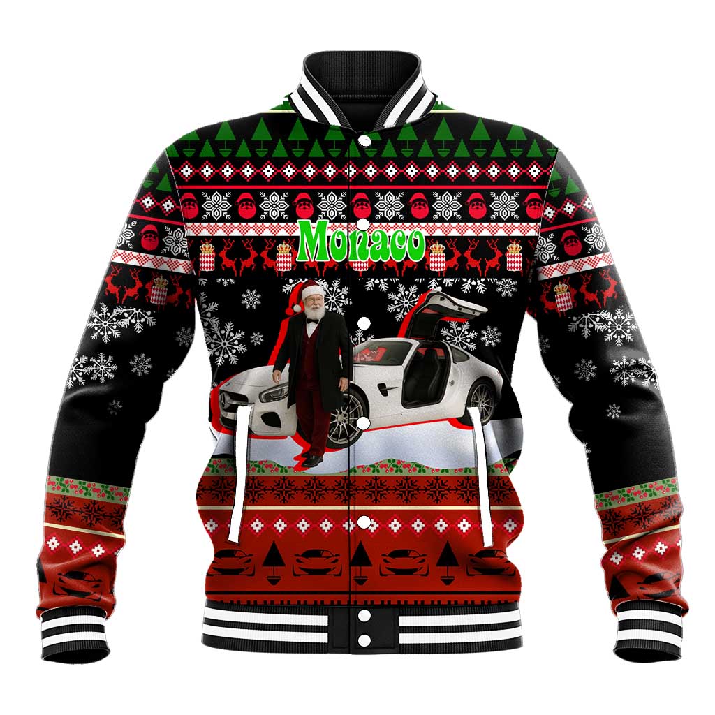 Monaco Christmas Baseball Jacket with Santa Claus Sports Car Snowflakes and Luxury Holiday - Wonder Print Shop