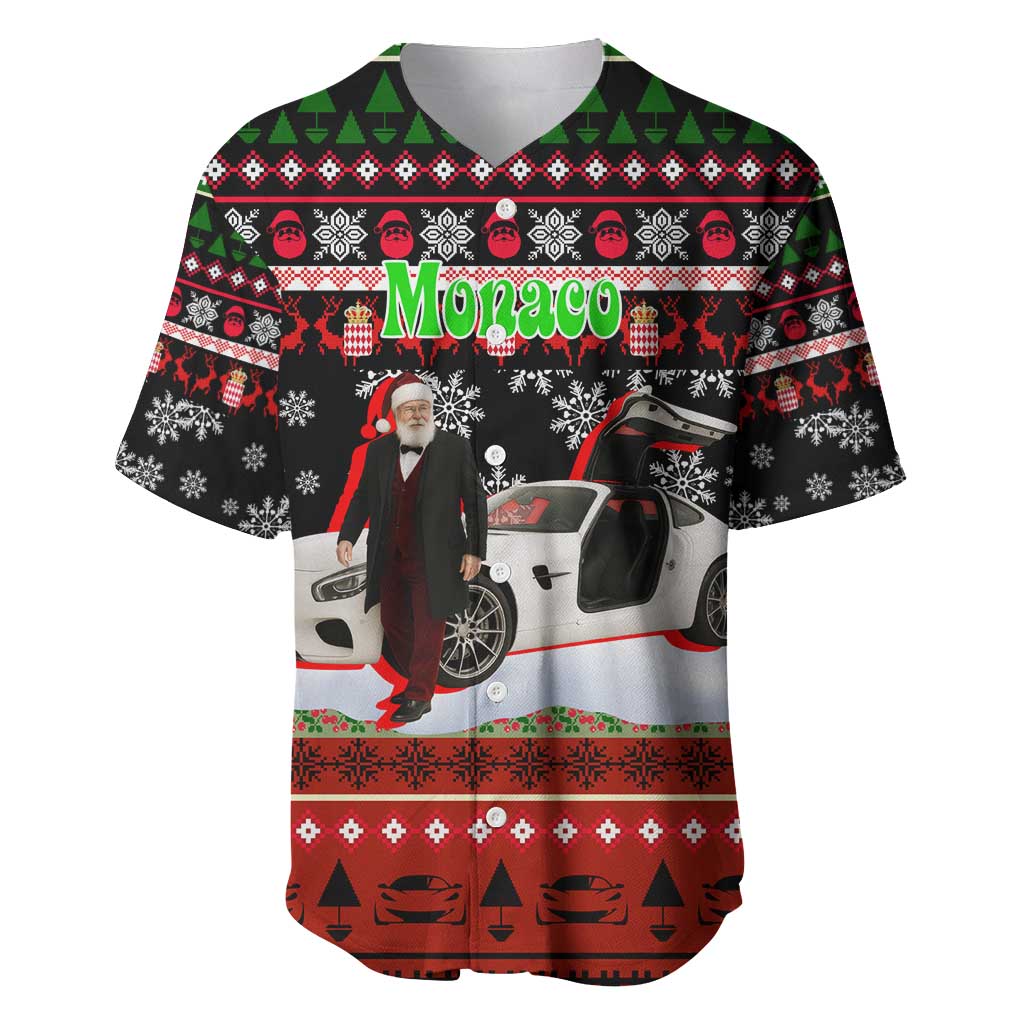 Monaco Christmas Baseball Jersey with Santa Claus Sports Car Snowflakes and Luxury Holiday - Wonder Print Shop