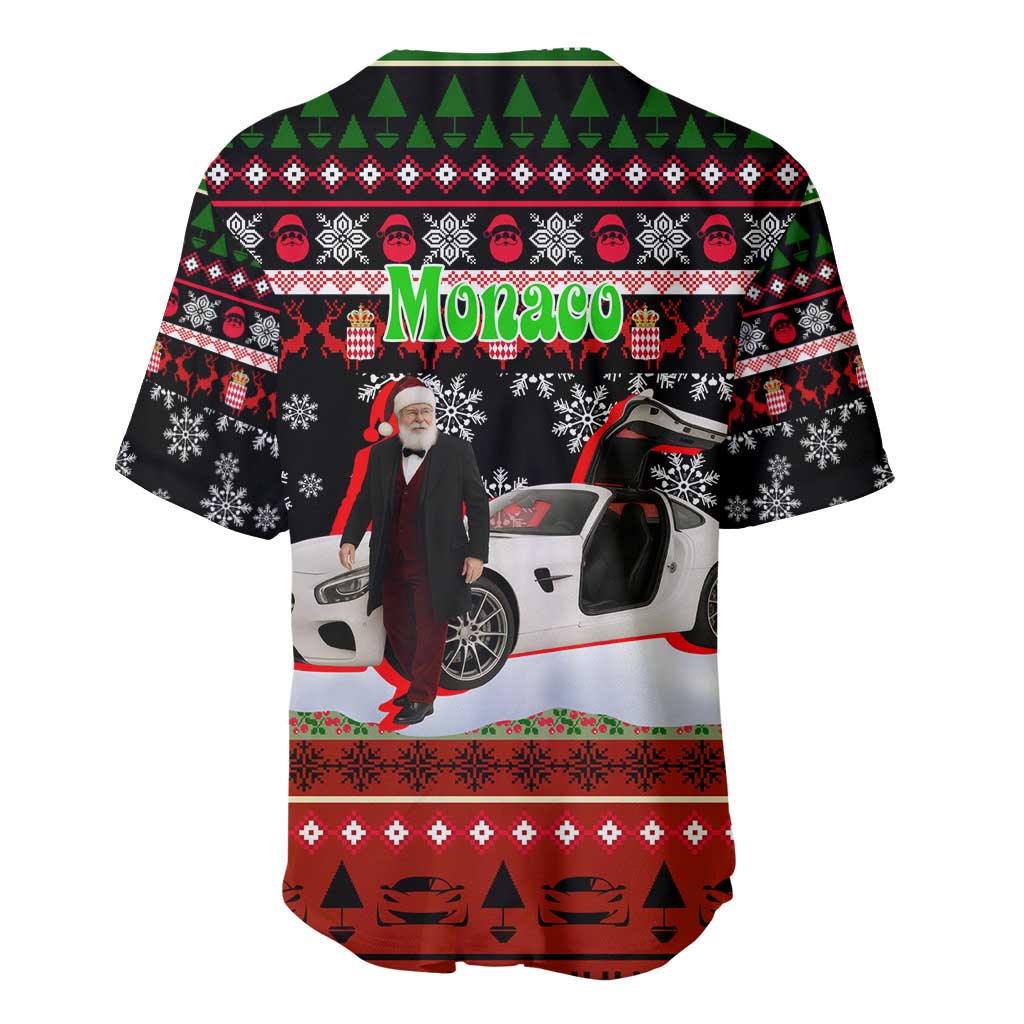 Monaco Christmas Baseball Jersey with Santa Claus Sports Car Snowflakes and Luxury Holiday - Wonder Print Shop