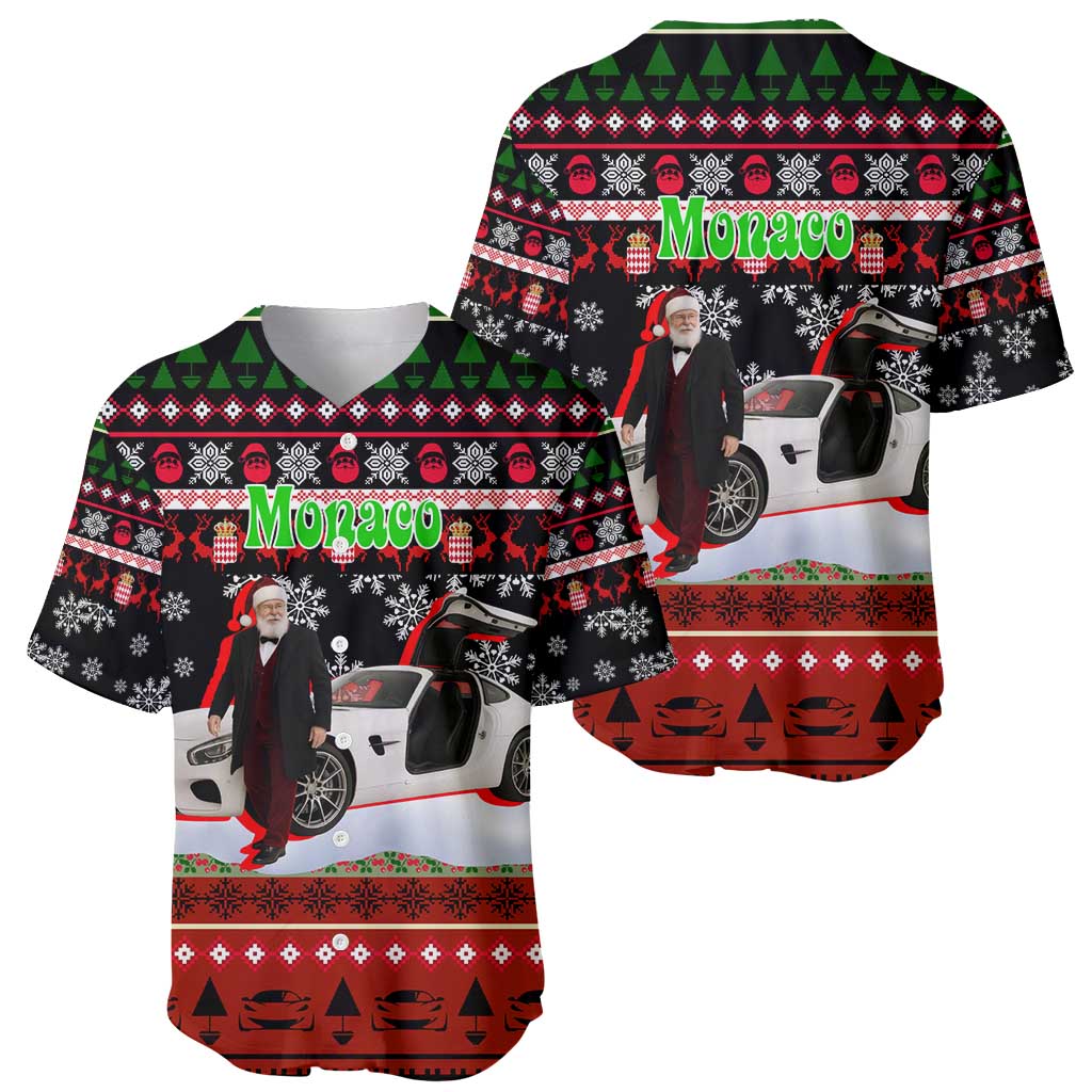 Monaco Christmas Baseball Jersey with Santa Claus Sports Car Snowflakes and Luxury Holiday - Wonder Print Shop