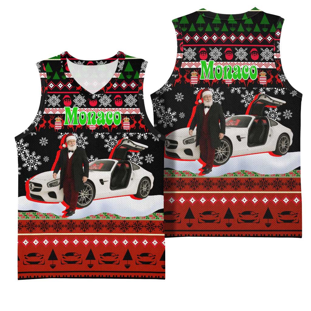 Monaco Christmas Basketball Jersey with Santa Claus Sports Car Snowflakes and Luxury Holiday - Wonder Print Shop