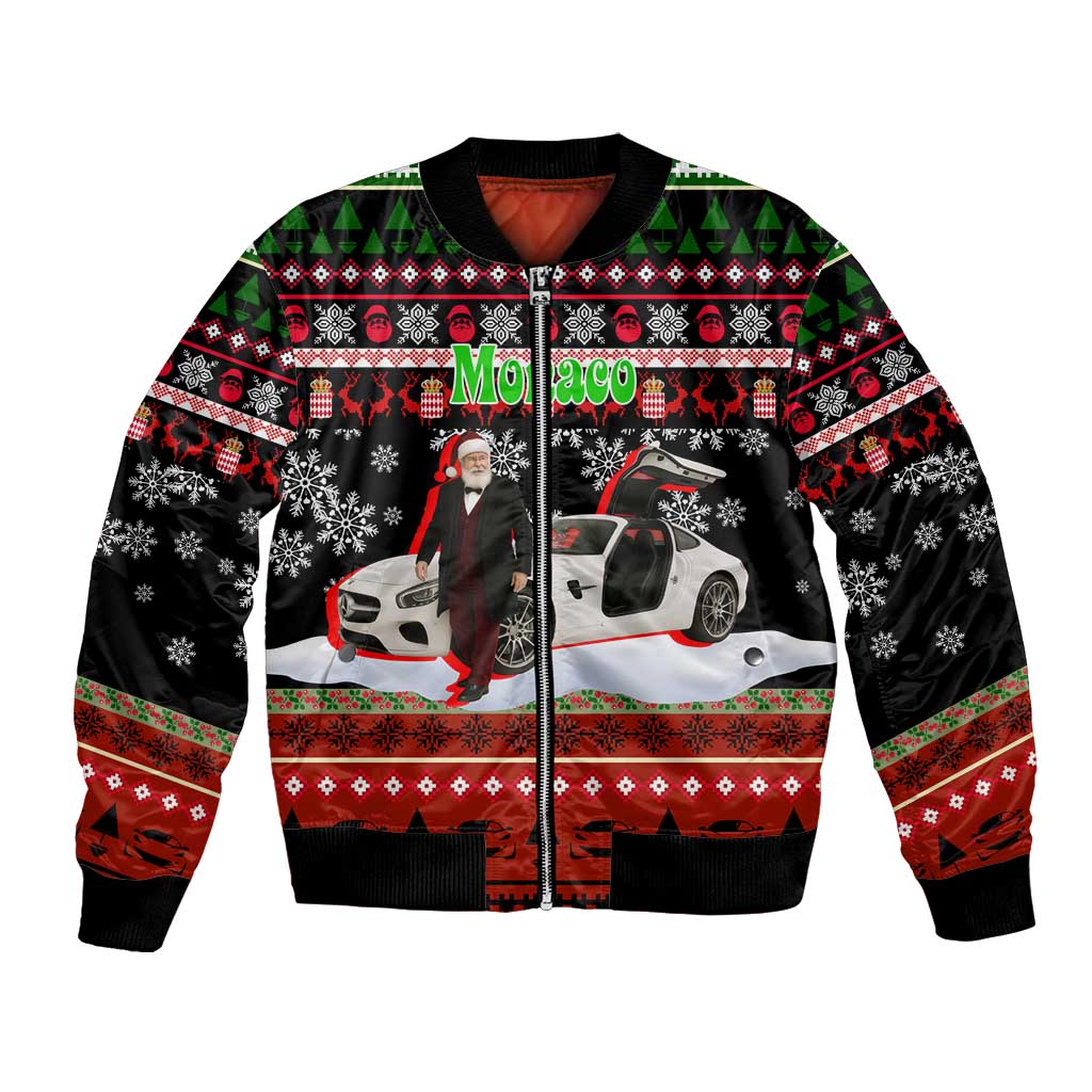 Monaco Christmas Bomber Jacket with Santa Claus Sports Car Snowflakes and Luxury Holiday - Wonder Print Shop