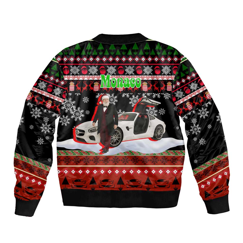 Monaco Christmas Bomber Jacket with Santa Claus Sports Car Snowflakes and Luxury Holiday - Wonder Print Shop