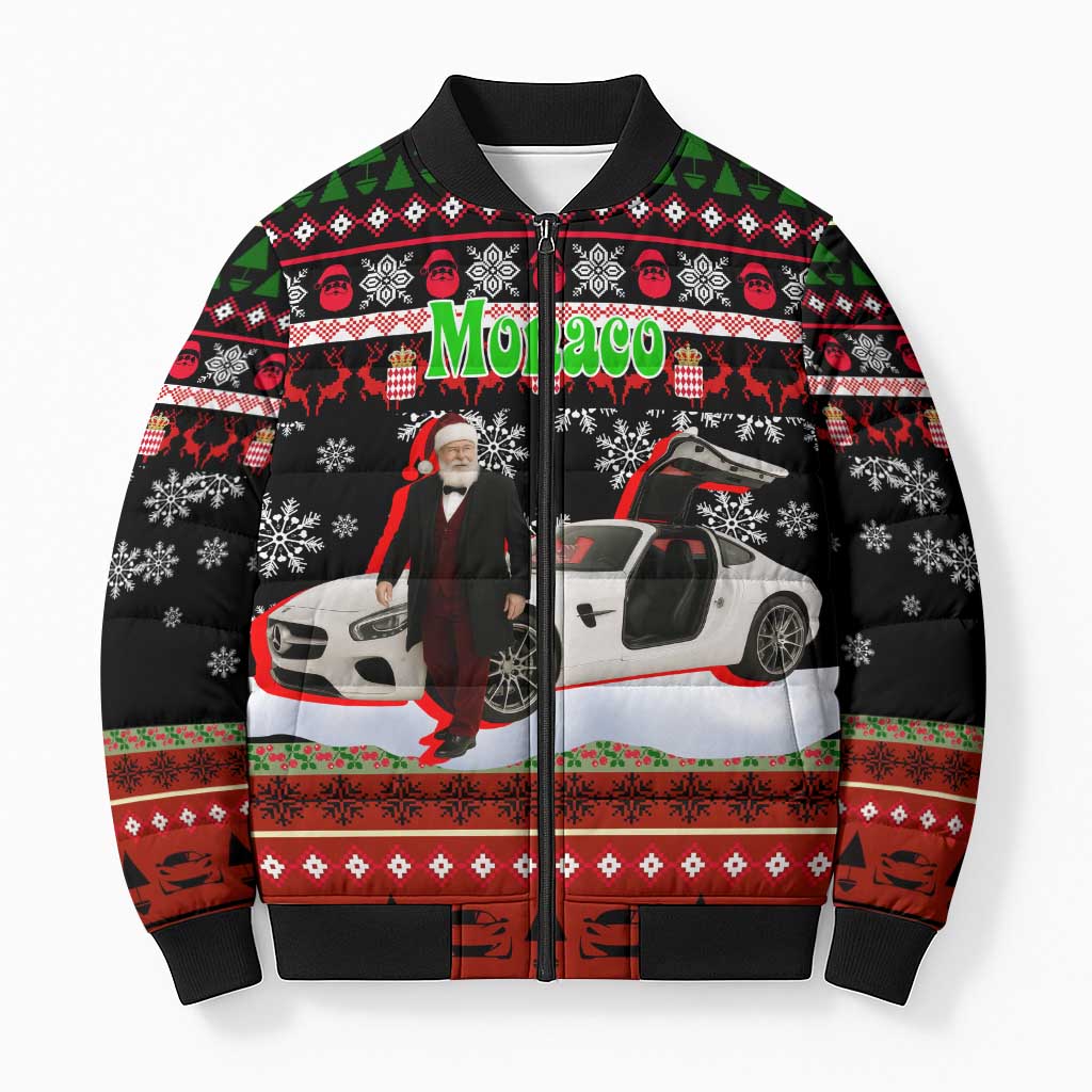 Monaco Christmas Bomber Puffer Jacket with Santa Claus Sports Car Snowflakes and Luxury Holiday - Wonder Print Shop