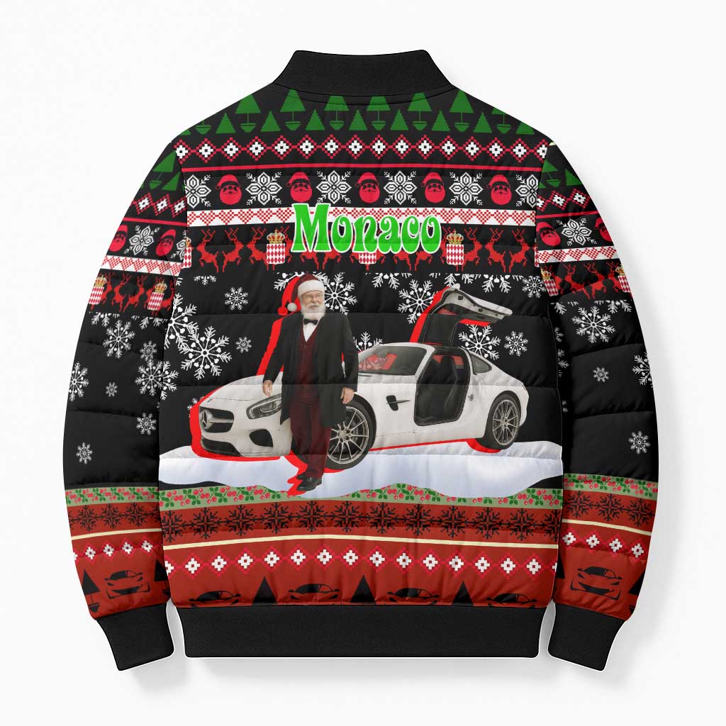Monaco Christmas Bomber Puffer Jacket with Santa Claus Sports Car Snowflakes and Luxury Holiday - Wonder Print Shop