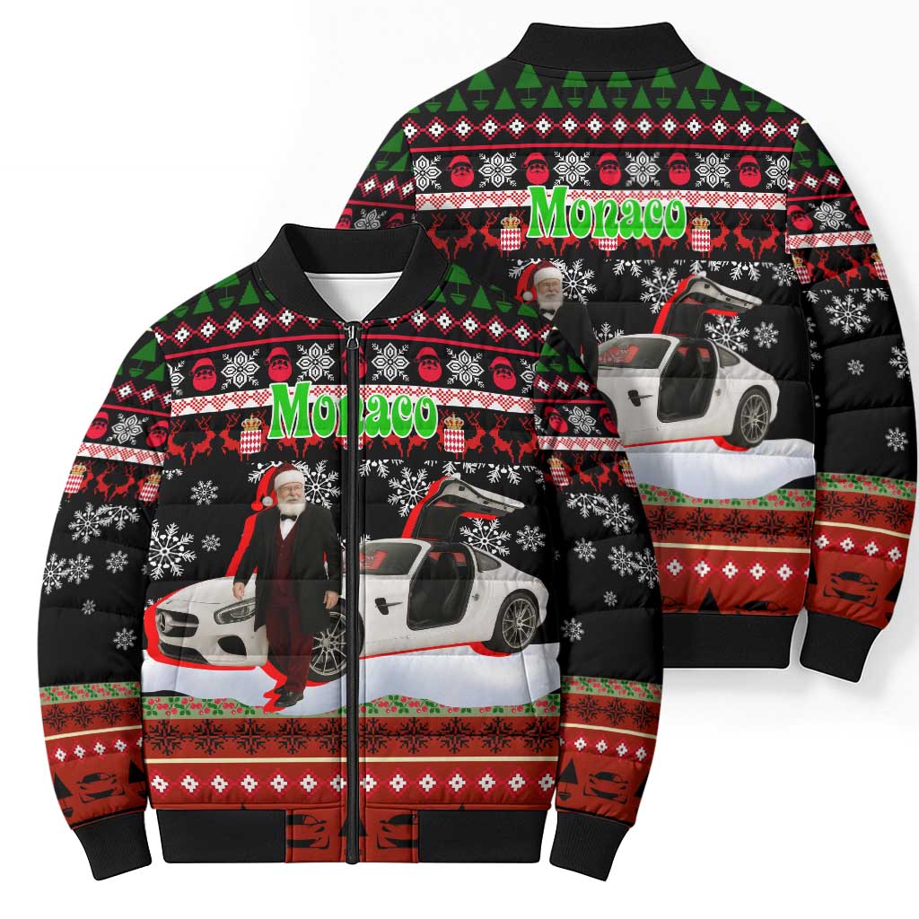 Monaco Christmas Bomber Puffer Jacket with Santa Claus Sports Car Snowflakes and Luxury Holiday - Wonder Print Shop