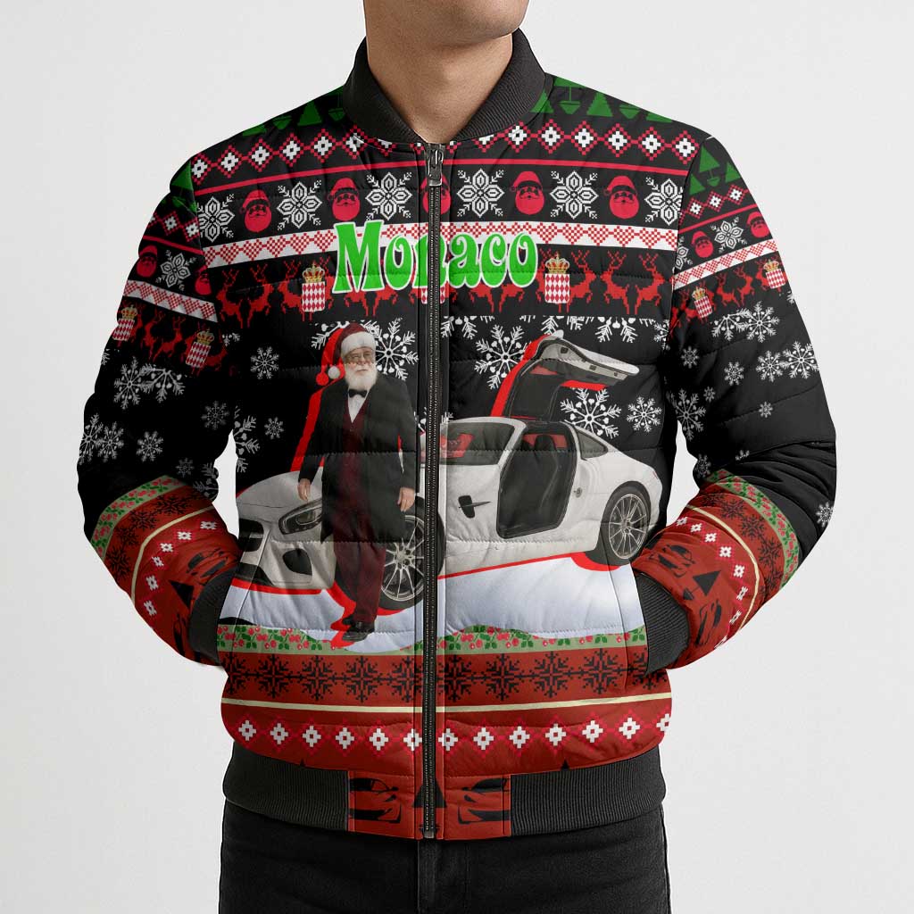 Monaco Christmas Bomber Puffer Jacket with Santa Claus Sports Car Snowflakes and Luxury Holiday - Wonder Print Shop