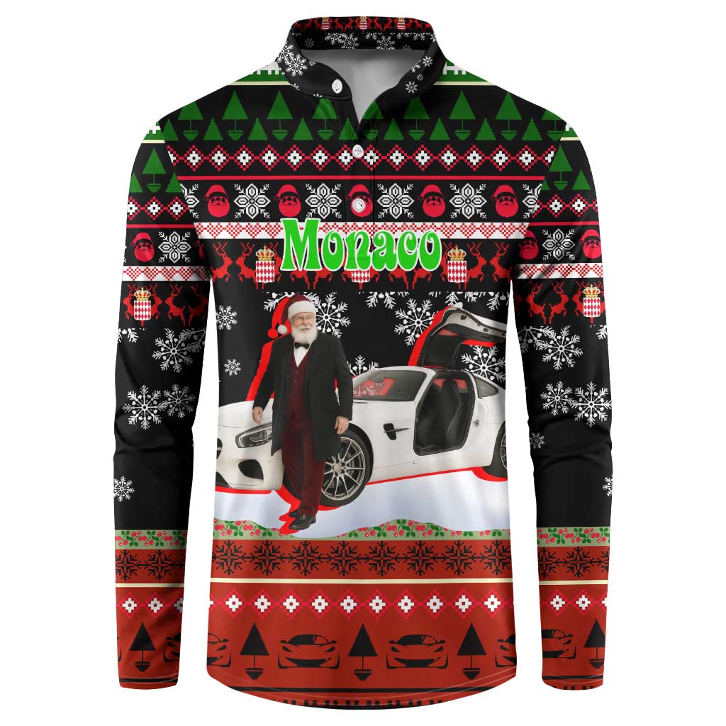 Monaco Christmas Button Sweatshirt with Santa Claus Sports Car Snowflakes and Luxury Holiday - Wonder Print Shop