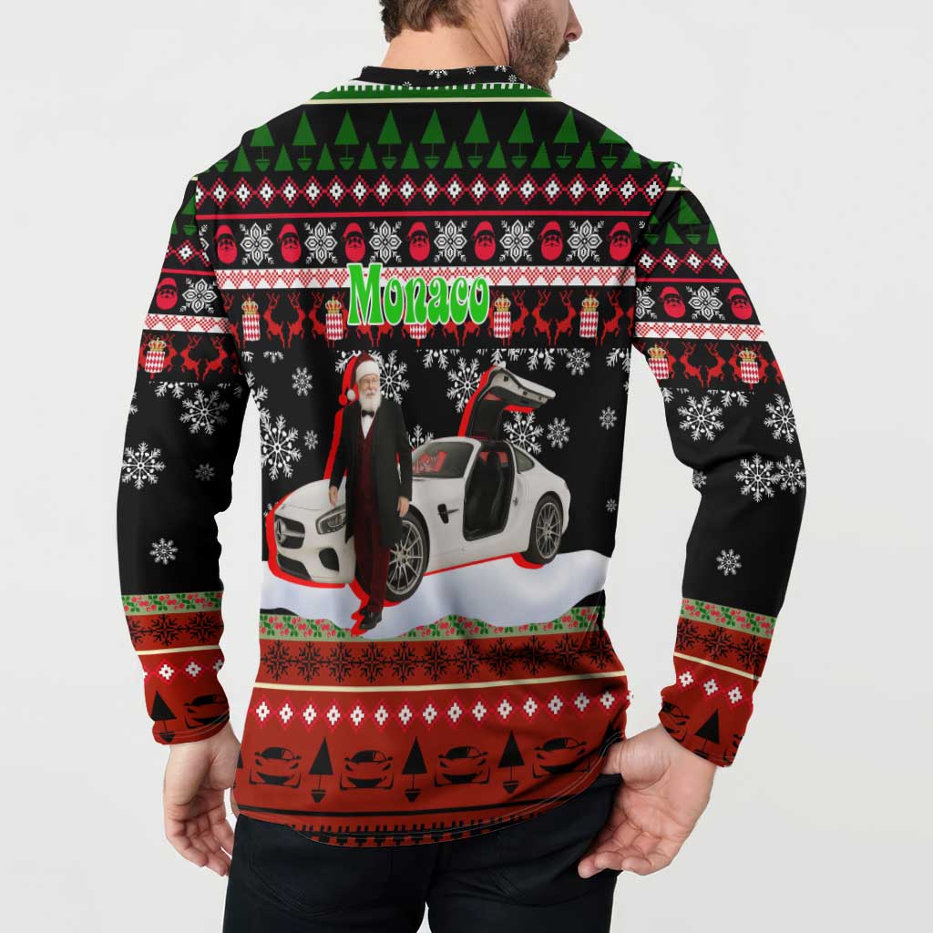 Monaco Christmas Button Sweatshirt with Santa Claus Sports Car Snowflakes and Luxury Holiday - Wonder Print Shop