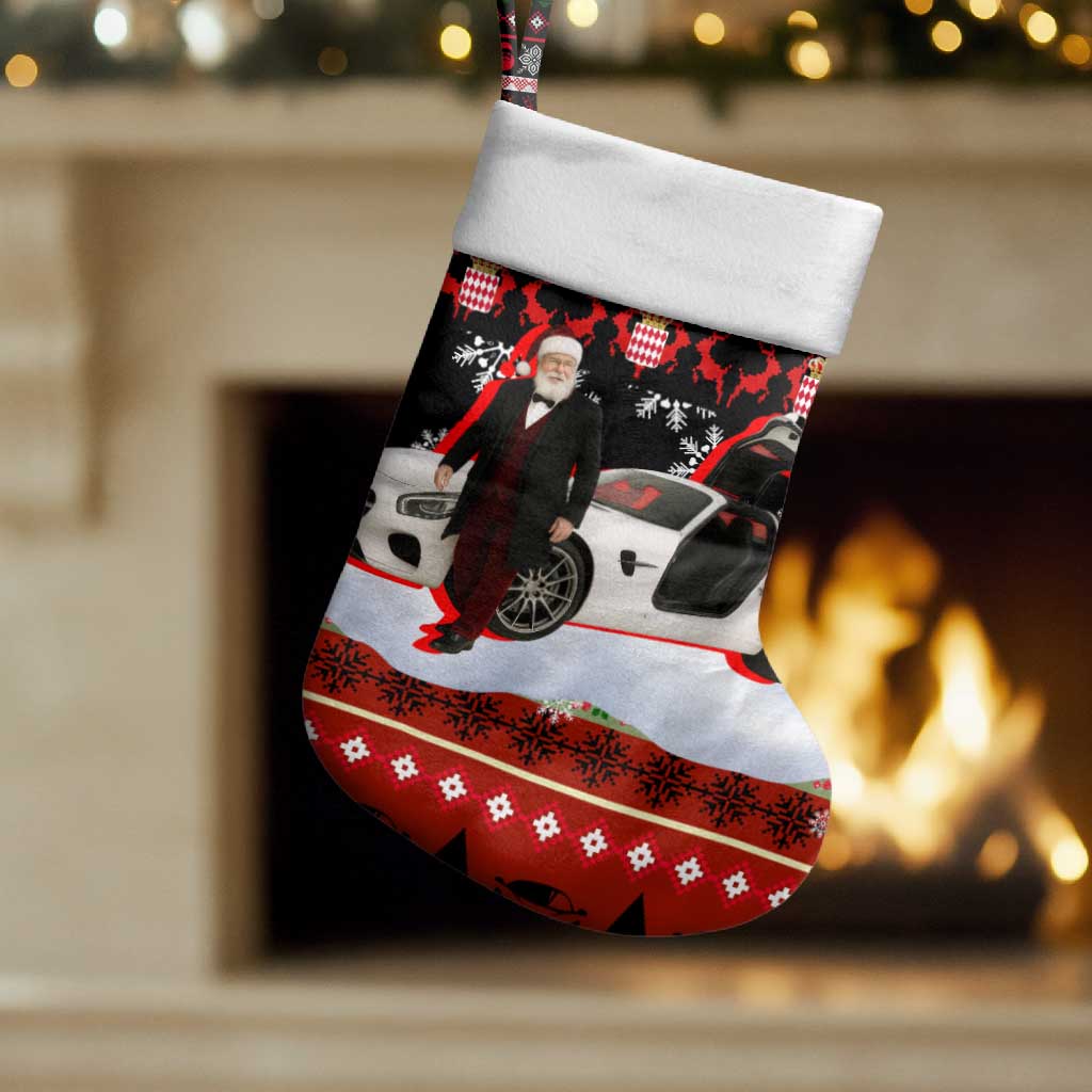 Monaco Christmas Stocking with Santa Claus Sports Car Snowflakes and Luxury Holiday - Wonder Print Shop