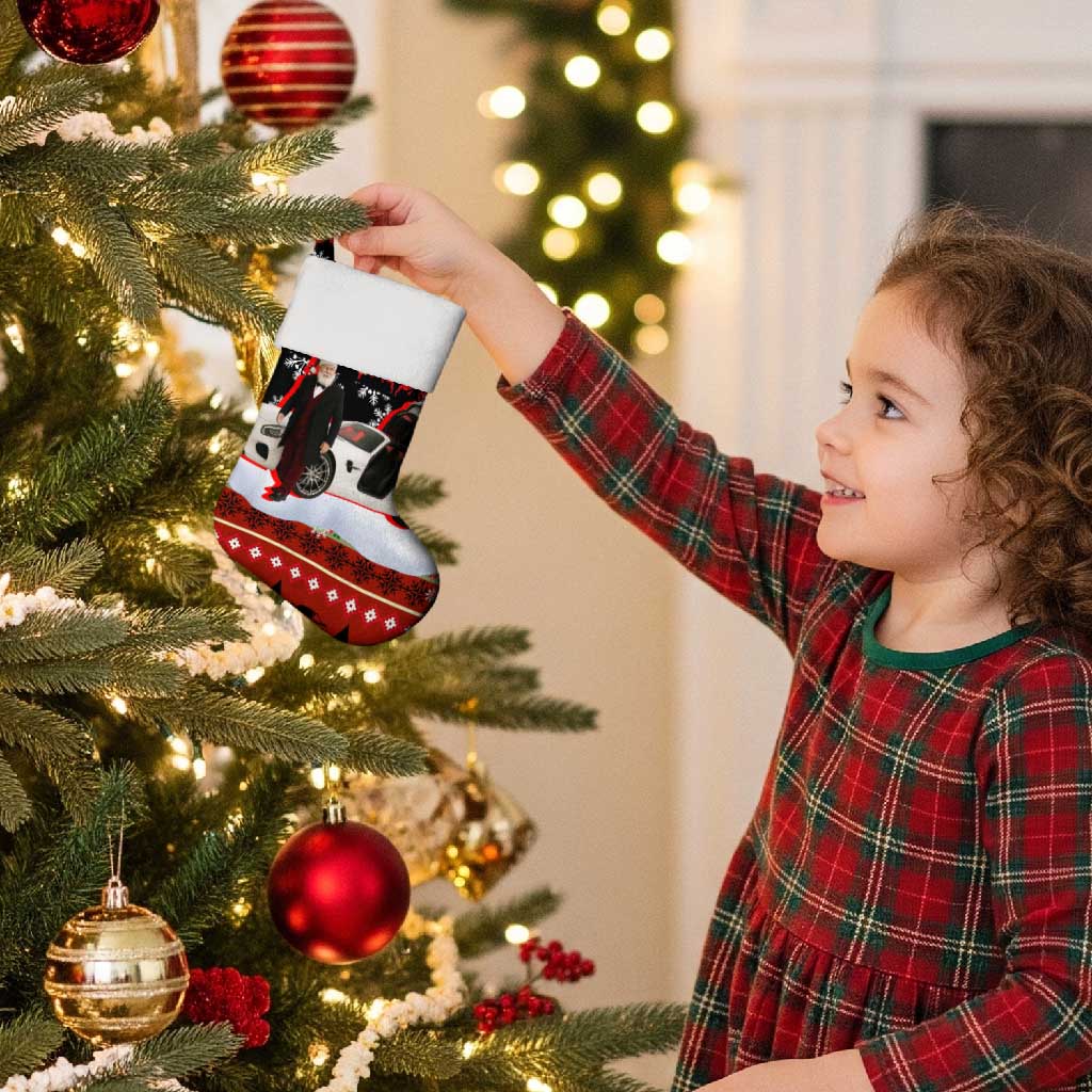 Monaco Christmas Stocking with Santa Claus Sports Car Snowflakes and Luxury Holiday - Wonder Print Shop