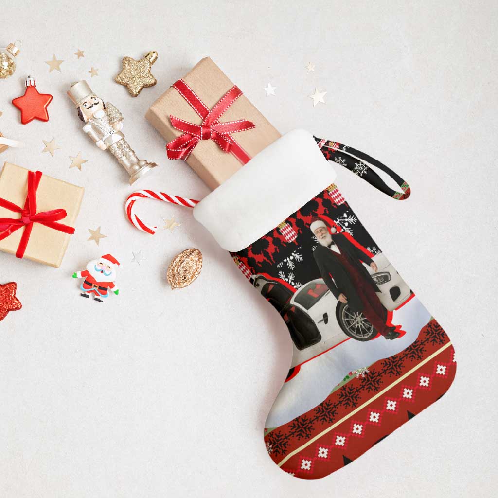 Monaco Christmas Stocking with Santa Claus Sports Car Snowflakes and Luxury Holiday - Wonder Print Shop