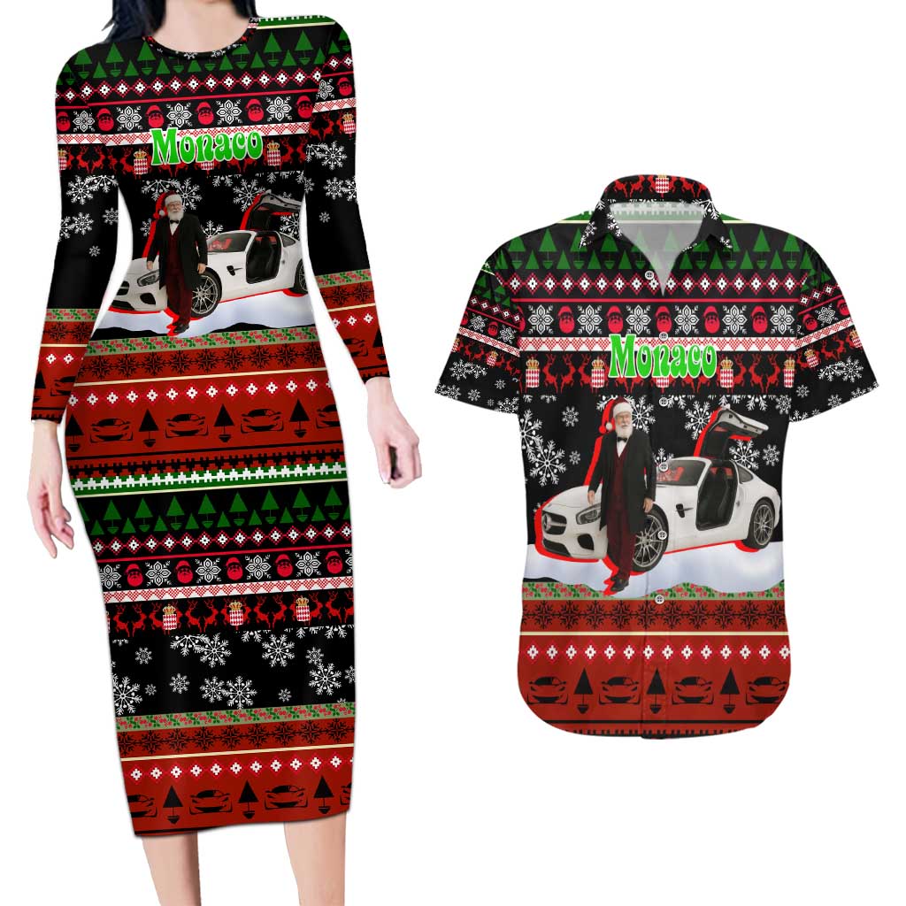 Monaco Christmas Couples Matching Long Sleeve Bodycon Dress and Hawaiian Shirt with Santa Claus Sports Car Snowflakes and Luxury Holiday - Wonder Print Shop