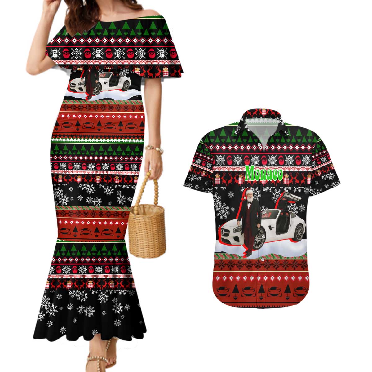 Monaco Christmas Couples Matching Mermaid Dress and Hawaiian Shirt with Santa Claus Sports Car Snowflakes and Luxury Holiday - Wonder Print Shop