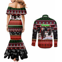 Monaco Christmas Couples Matching Mermaid Dress and Long Sleeve Button Shirt with Santa Claus Sports Car Snowflakes and Luxury Holiday - Wonder Print Shop