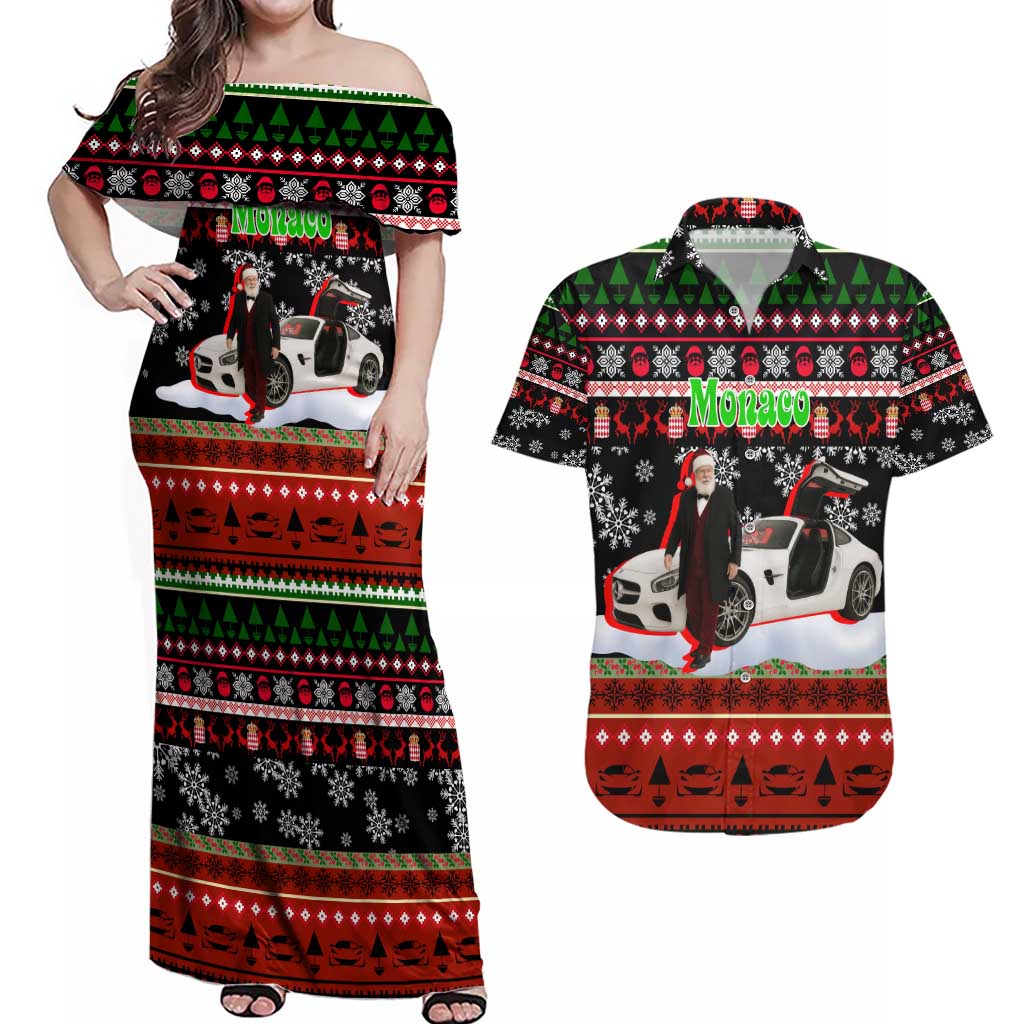 Monaco Christmas Couples Matching Off Shoulder Maxi Dress and Hawaiian Shirt with Santa Claus Sports Car Snowflakes and Luxury Holiday - Wonder Print Shop