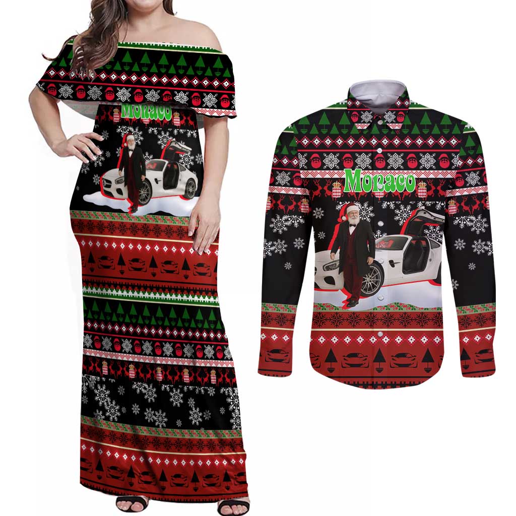 Monaco Christmas Couples Matching Off Shoulder Maxi Dress and Long Sleeve Button Shirt with Santa Claus Sports Car Snowflakes and Luxury Holiday - undefined