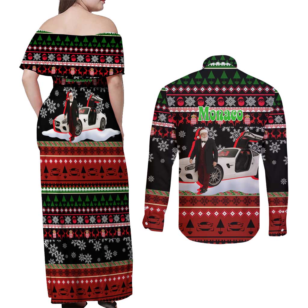 Monaco Christmas Couples Matching Off Shoulder Maxi Dress and Long Sleeve Button Shirt with Santa Claus Sports Car Snowflakes and Luxury Holiday - undefined