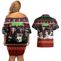 Monaco Christmas Couples Matching Off Shoulder Short Dress and Hawaiian Shirt with Santa Claus Sports Car Snowflakes and Luxury Holiday - Wonder Print Shop