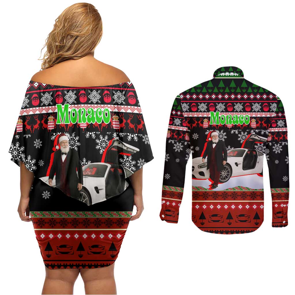 Monaco Christmas Couples Matching Off Shoulder Short Dress and Long Sleeve Button Shirt with Santa Claus Sports Car Snowflakes and Luxury Holiday - Wonder Print Shop
