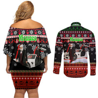 Monaco Christmas Couples Matching Off Shoulder Short Dress and Long Sleeve Button Shirt with Santa Claus Sports Car Snowflakes and Luxury Holiday - Wonder Print Shop