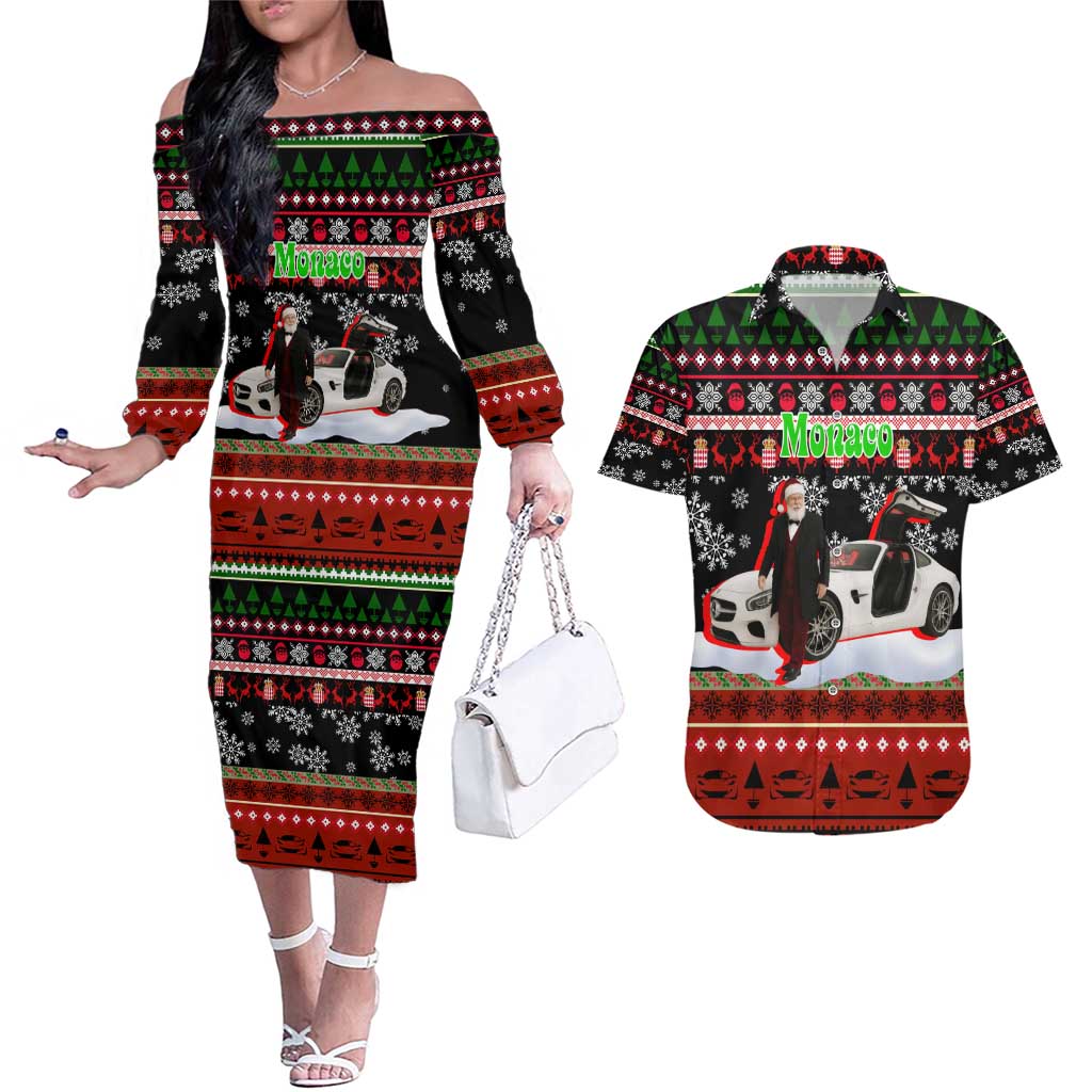 Monaco Christmas Couples Matching Off The Shoulder Long Sleeve Dress and Hawaiian Shirt with Santa Claus Sports Car Snowflakes and Luxury Holiday - Wonder Print Shop