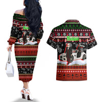 Monaco Christmas Couples Matching Off The Shoulder Long Sleeve Dress and Hawaiian Shirt with Santa Claus Sports Car Snowflakes and Luxury Holiday - Wonder Print Shop