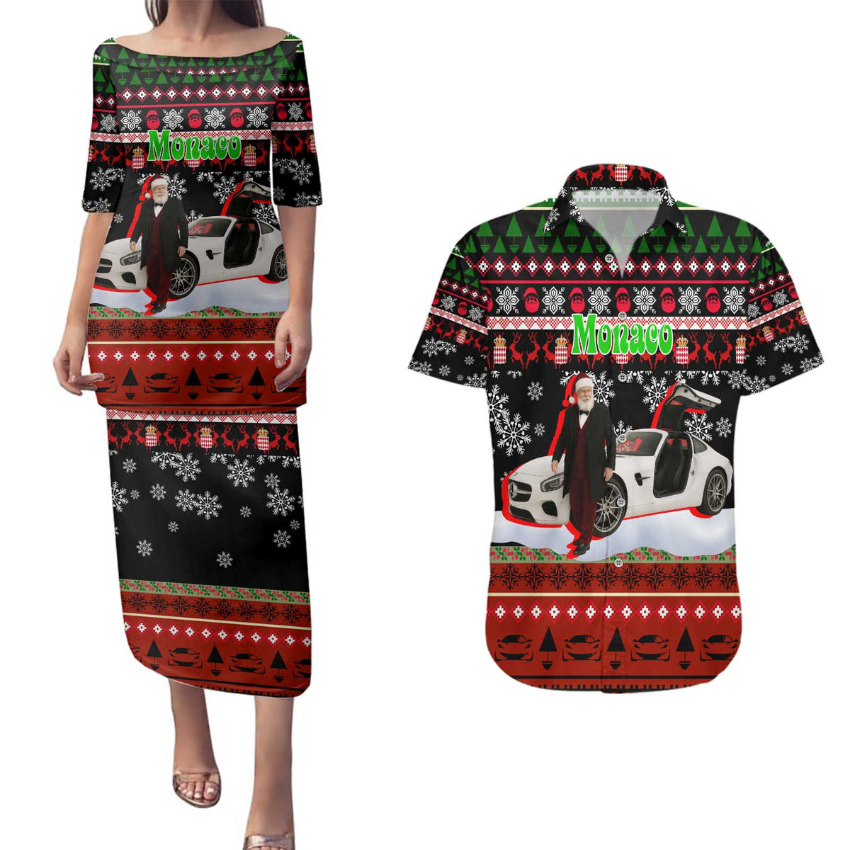 Monaco Christmas Couples Matching Puletasi and Hawaiian Shirt with Santa Claus Sports Car Snowflakes and Luxury Holiday - Wonder Print Shop