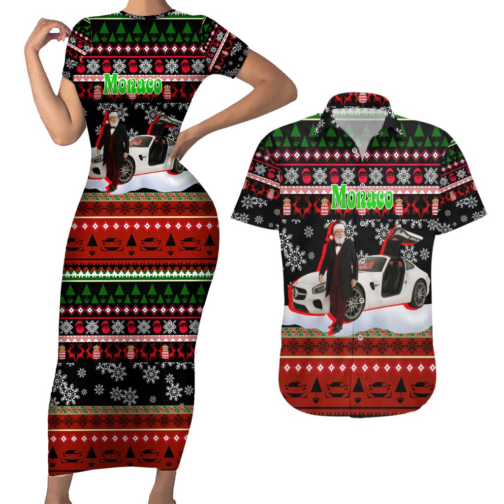 Monaco Christmas Couples Matching Short Sleeve Bodycon Dress and Hawaiian Shirt with Santa Claus Sports Car Snowflakes and Luxury Holiday - Wonder Print Shop