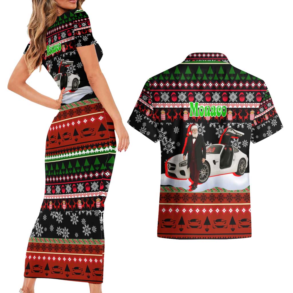Monaco Christmas Couples Matching Short Sleeve Bodycon Dress and Hawaiian Shirt with Santa Claus Sports Car Snowflakes and Luxury Holiday - Wonder Print Shop