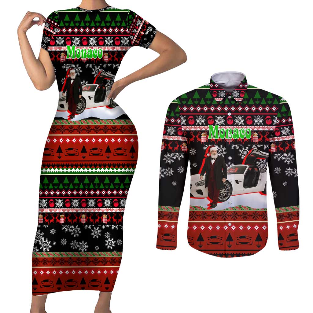 Monaco Christmas Couples Matching Short Sleeve Bodycon Dress and Long Sleeve Button Shirt with Santa Claus Sports Car Snowflakes and Luxury Holiday - Wonder Print Shop