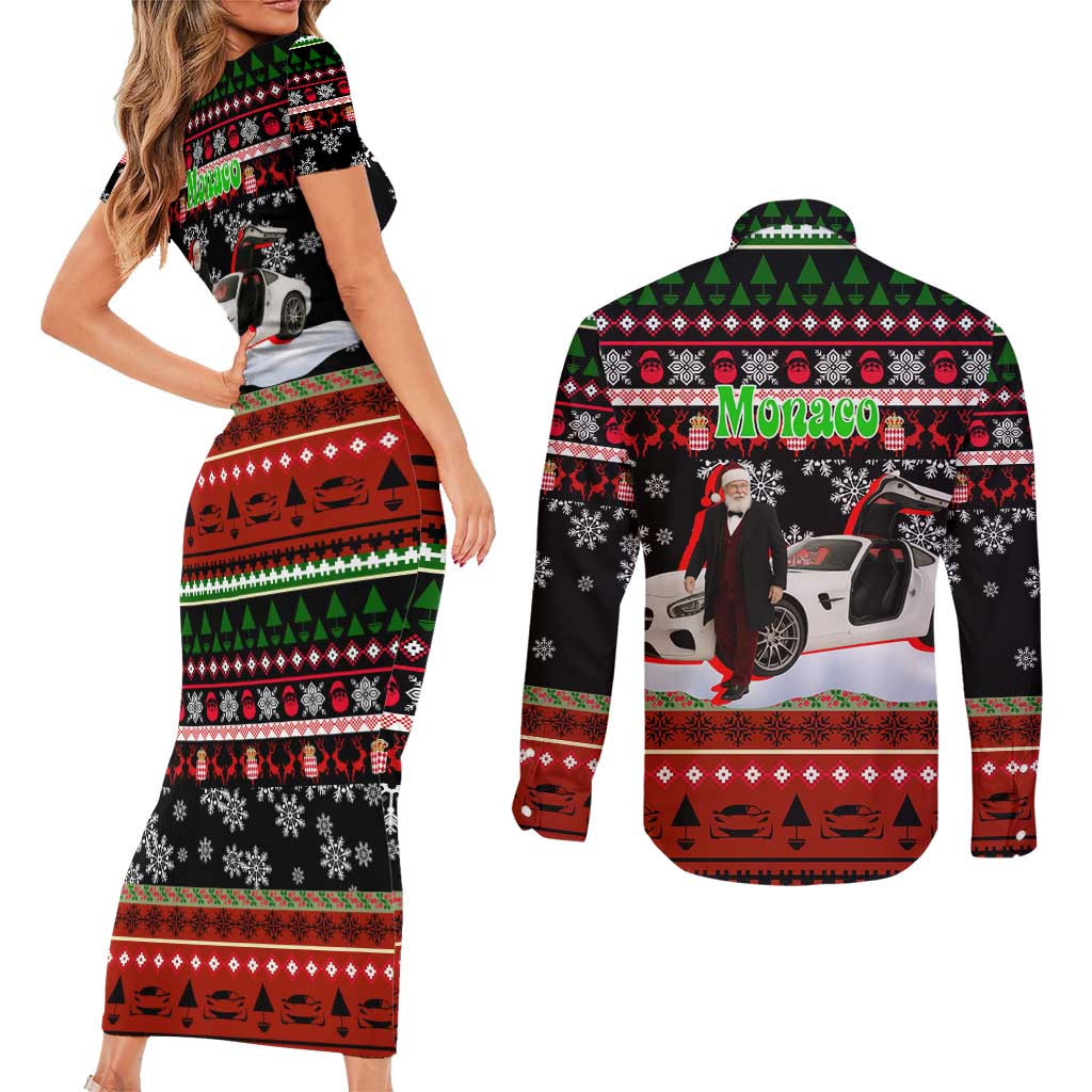 Monaco Christmas Couples Matching Short Sleeve Bodycon Dress and Long Sleeve Button Shirt with Santa Claus Sports Car Snowflakes and Luxury Holiday - Wonder Print Shop