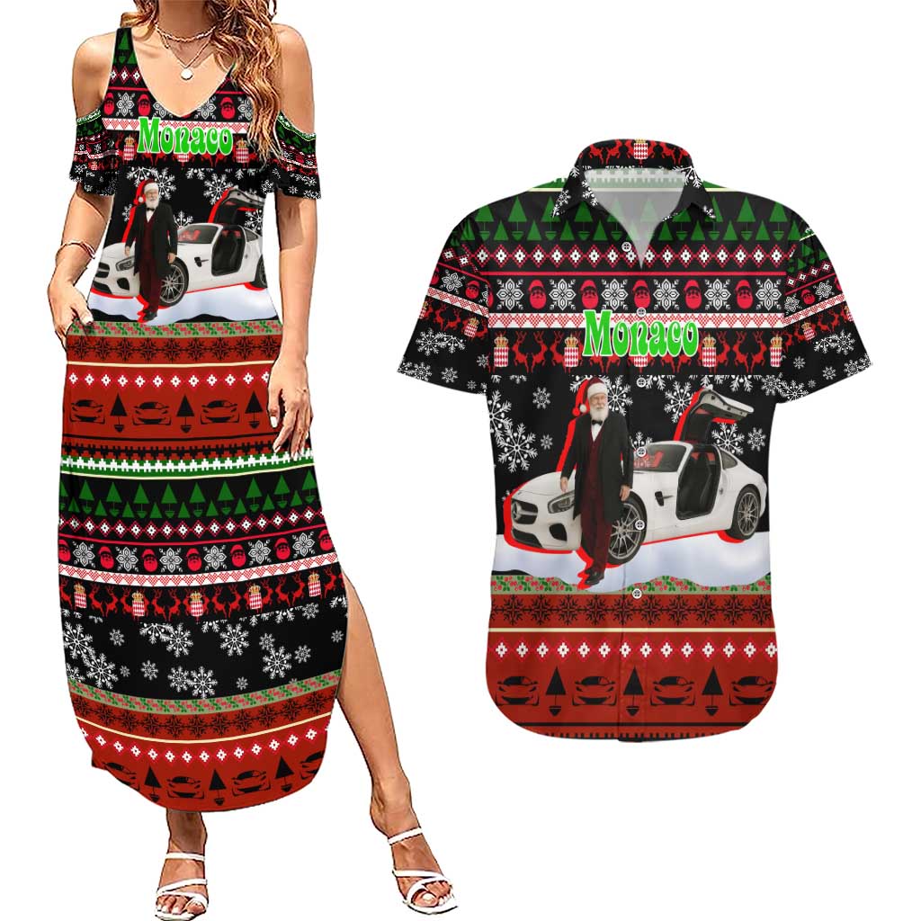 Monaco Christmas Couples Matching Summer Maxi Dress and Hawaiian Shirt with Santa Claus Sports Car Snowflakes and Luxury Holiday - Wonder Print Shop
